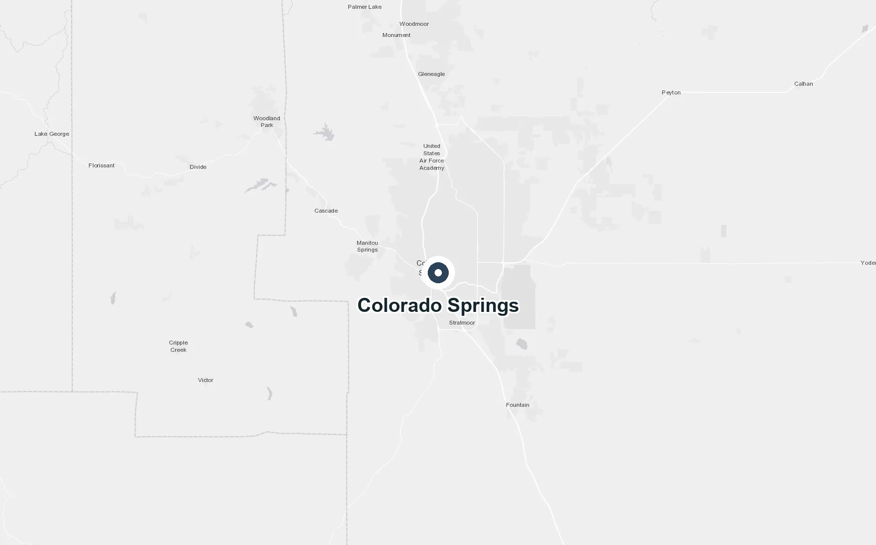 Map of the Colorado Springs and El Paso County service area centered downtown at 327 S El Paso St